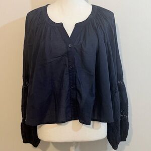 Aerie NWT | Navy Boho Blouse | Lace Eyelet Sleeves | Notch Neck | Size Medium